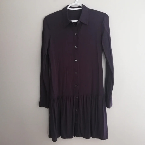 Theory Failly Rove Pleated Drop Waist Long Sleeve Purple Button Shirt Dress 2 - Picture 15 of 16